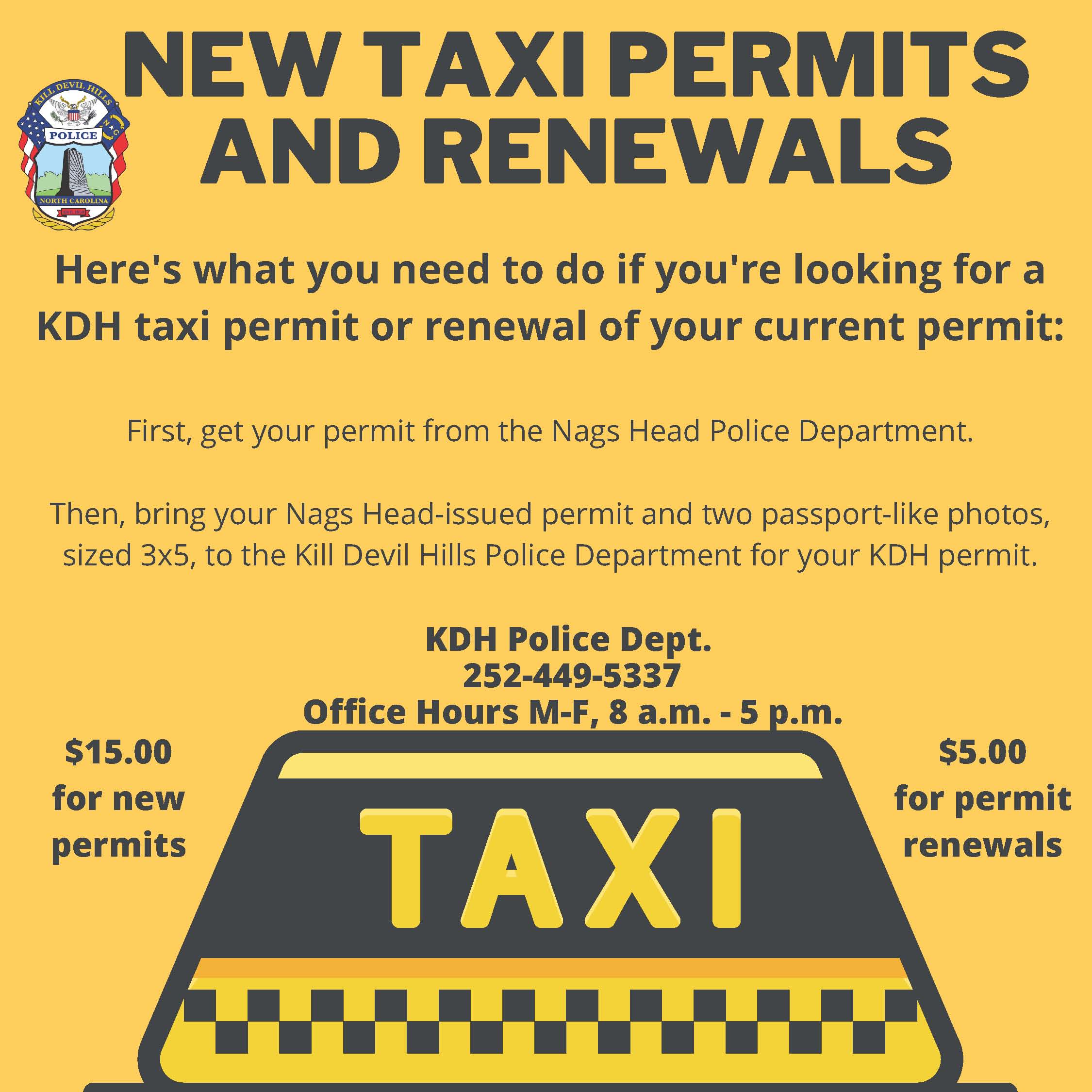 Information on taxi permits and renewals from the KDH Police Department